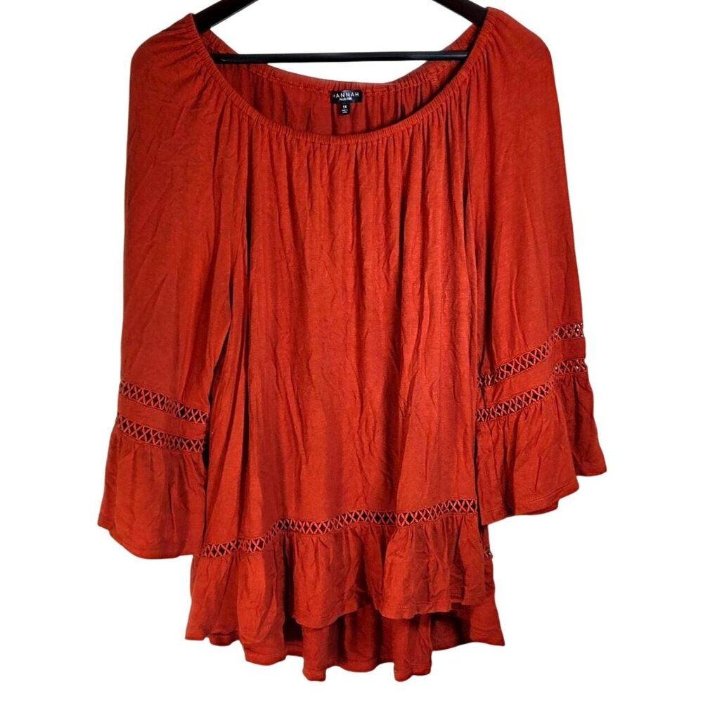 Hannah Plus Size Burnt Sienna Orange Boho Inset Flowy 3/4 Sleeve Peasant Top 1X